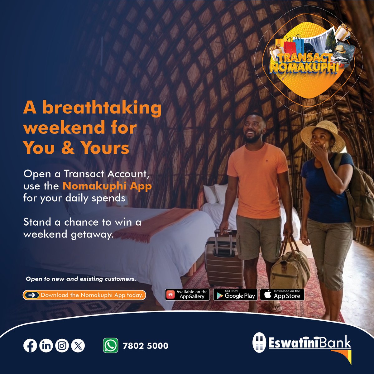 EswatiniB's tweet image. Weekend energy activated 😎
Your next getaway could be one tap away.
For assistance:
📞 2409 5000
📲 7802 5000
📧 callcenter@swazibank.co.sz
#EswatiniBank #LibhangeLesive #TransactandWin #NomakuphiApp #WeekendVibes