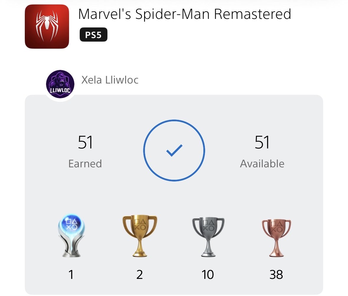 AlexColwill's tweet photo. Platinum #3 secured. #SpiderManRemastered

First playthrough. Spent so long lost in #Marvel New York I barely noticed the trophies.

Astro Bot taught me the triggers. Spider-Man justified the entire! https://t.co/NcH5Vqmunz
