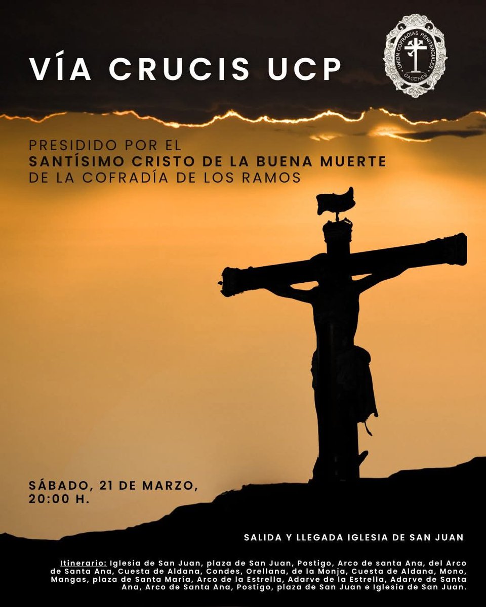 Hoy sábado, a las 20 horas, desde San Juan, se celebra el Vía Crucis que organiza la <a href="/UCPcaceres/">UCPCáceres</a> en la que participan todas las cofradías de la ciudad.

Este año, la imagen será el Cristo de la Buena Muerte de la cofradía hermana <a href="/CofradiaRamosCC/">Cofradía Ramos Cáceres</a>

Asistir con la medalla.
