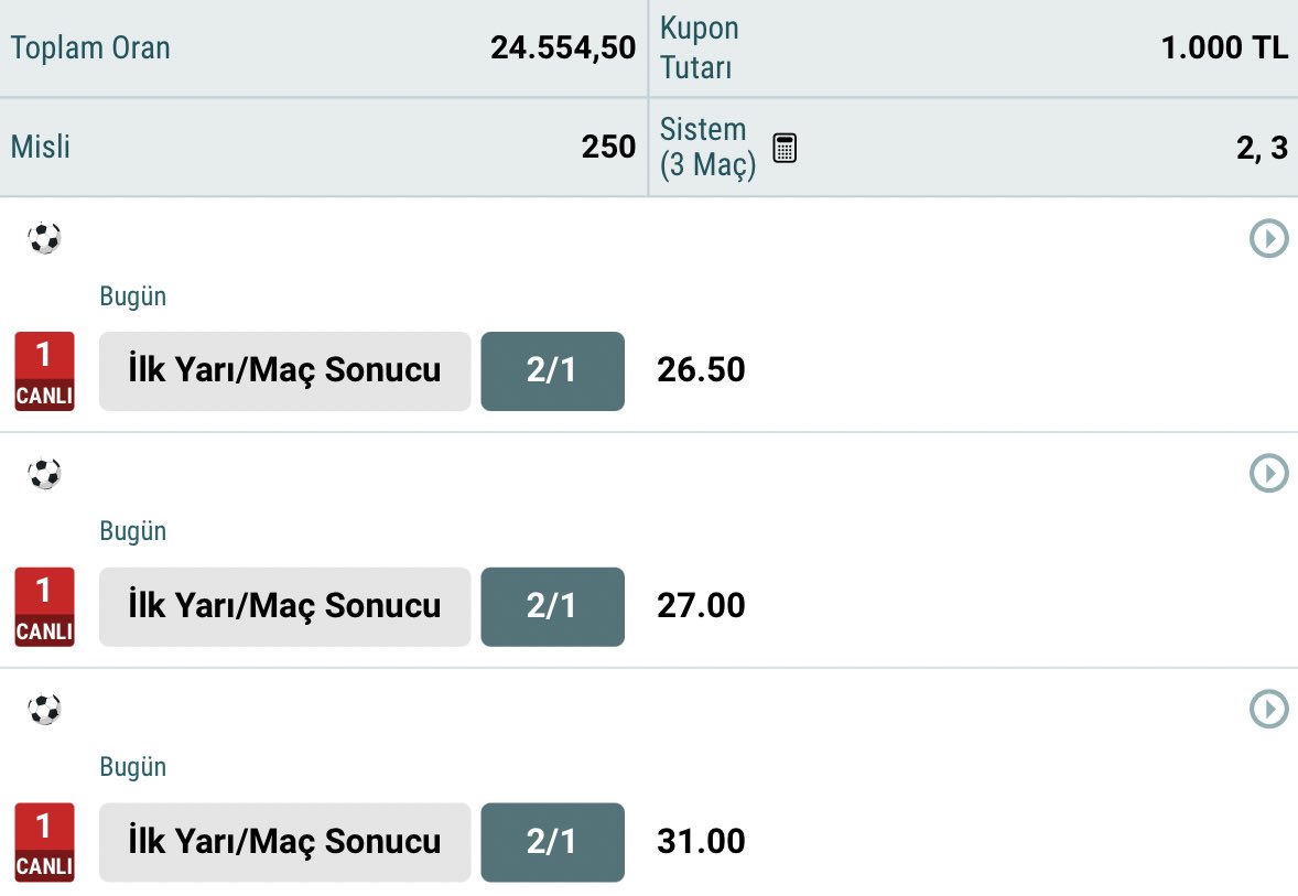 Çok uzun bir süre sonra 6.000.000 TL’lik 3’lü İY/MS Kombinasyonu deneyeceğiz.

Üst üste yüksek oranlı rekorlar sonrası birkaç günlük keyiflik bültenleri geçtik. 

𝐒𝐚𝐝𝐞𝐜𝐞 tüm Golazo buradaysa hep beraber deneyeceğiz.