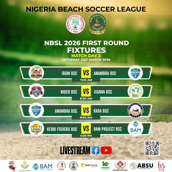 NgrBeachSoccer's tweet photo. FIXTURES ADJUSTMENT
Anambra Beach Soccer Warriors vs Kada BSC moved to 4:00 pm
Kebbi Fishers BSC vs BAM Projects BSC will now take place by 5:00 pm
#NBSL #NBSL26 #NBSLS6 #beachsoccer https://t.co/hOLYKqE0gV