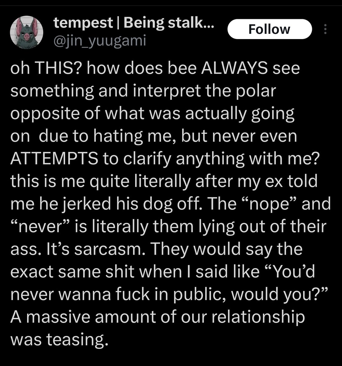 mechabatz's tweet photo. "This screenshot of my ex clearly being uncomfortable and non-responsive to my repeated attempts of encouraging him to fuck his dog actually means the complete opposite of what it shows." Absolute delusion. https://t.co/UtXoiPyOiS