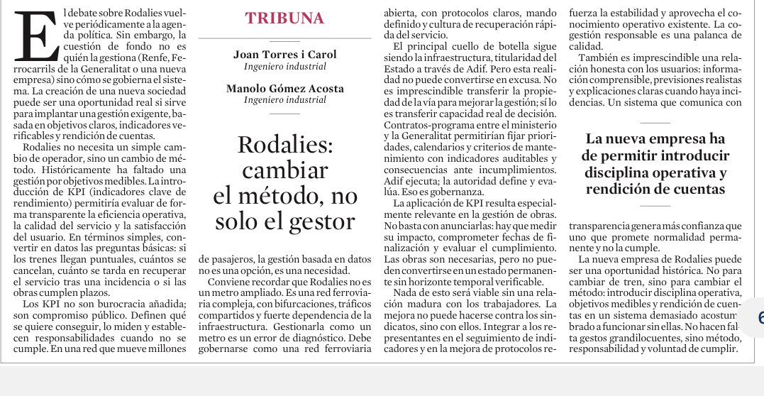 JuanTorrasg's tweet photo. Recomendable reflexión sobre #rodalias por los ingenieros con experiencia Joan Torras Manolo Gómez .#Gobernanza, #Gestion Objetivable; Rodalias no es un Metro son cuestiones relevantes
@LaVanguardia @MisesBcn @ClubRACC @gencat https://t.co/wIPfEQKWMb
