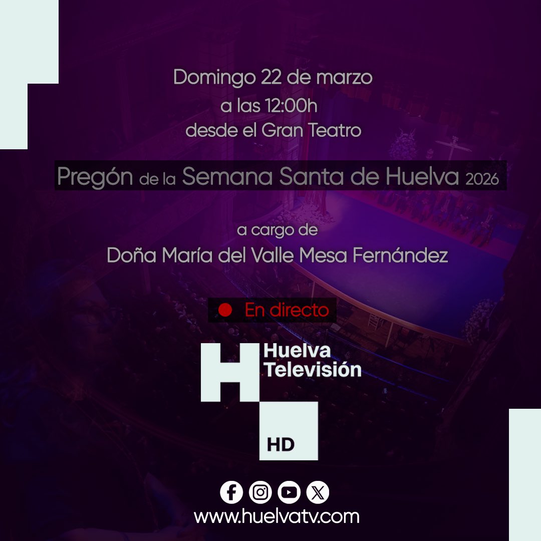Huelvatv's tweet photo. 🟪 EL PREGÓN DE LA SEMANA SANTA, EN DIRECTO

Este domingo de Pasión, vive el pregón de la Semana Santa de Huelva a cargo de María del Valle Mesa. 

Síguelo en directo a través es de nuestro canal de TDT, Facebook Live, Youtube y en la web: https://t.co/UyytKZ2w9m https://t.co/C3IuWnzUzE