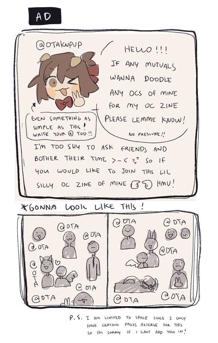 Tryin to cook up an oc zine this year and wanna try to add a few pages for frends or moots who wanna just doodle my ocs for funsies aaaaaaa NO PRESSURE THO ><