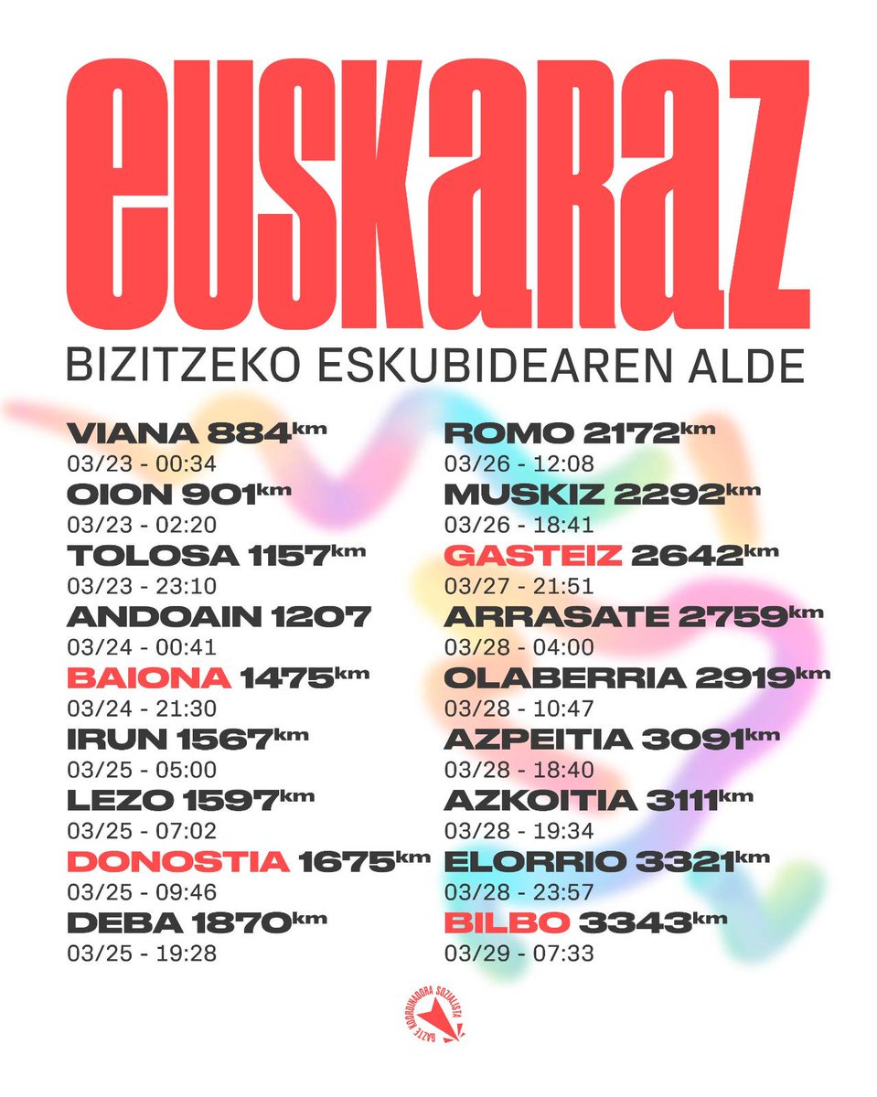 Euskararen alde Euskal Herria zeharkatzen ari da Korrika.

Gazte langileok ere euskaraz bizitzeko eskubidearen alde bertan parte hartuko dugu, euskara borrokan bizi baita. 

Batu Korrikara!💥