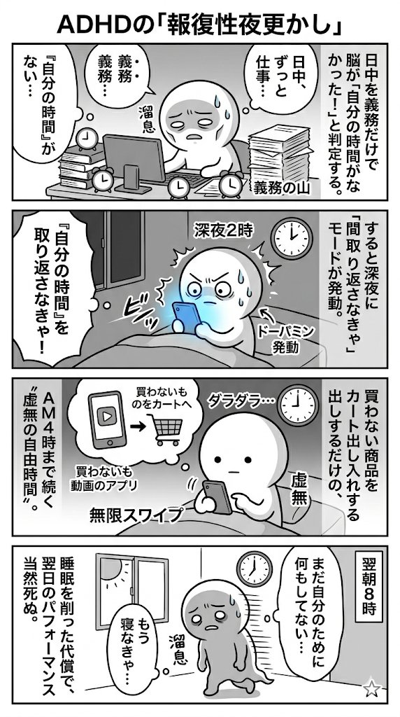 prism_thoughts's tweet photo. ADHDの「報復性夜更かし」がヤバいです。

日中ずっと仕事とか義務に支配されて、

「自分のための時間」が一切なかったと脳が判断すると、

深夜に「取り返さなきゃ」モードが発動するんですよね。

別に何か生産的なことをする訳でもなく、

ただダラダラとショート動画を見たり、

Amazonで買わないものをカートに入れたり出したりするだけです。

「もう寝なきゃ」と思えば思うほど、

「まだ今日、自分のために何もしてない」という焦燥が勝って、

結局AM4時まで"虚無の自由時間"を過ごしてしまいます。

翌日は当然キツいので、また日中パフォーマンスが死にます。

皆さんはこんな経験ありますか？