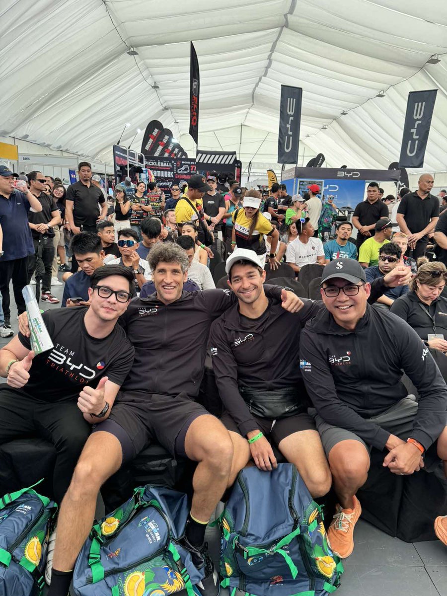 Alden Richards, Nico Bolzico, Wil Dasovich, and Coach Al Gonzales during the Ironman 70.3 Race Briefing 🏊🏻‍♂️🚴‍♂️🏃🏻

Representing Team BYD Triathlon! 💪🏻

Good luck tomorrow!

<a href="/aldenrichards02/">Alden Richards</a> 
#BYDIronmanDavao 
#TeamBYDTriathlon 
#NicoBolzico 
#WilDasovich 
#ALDENRichards