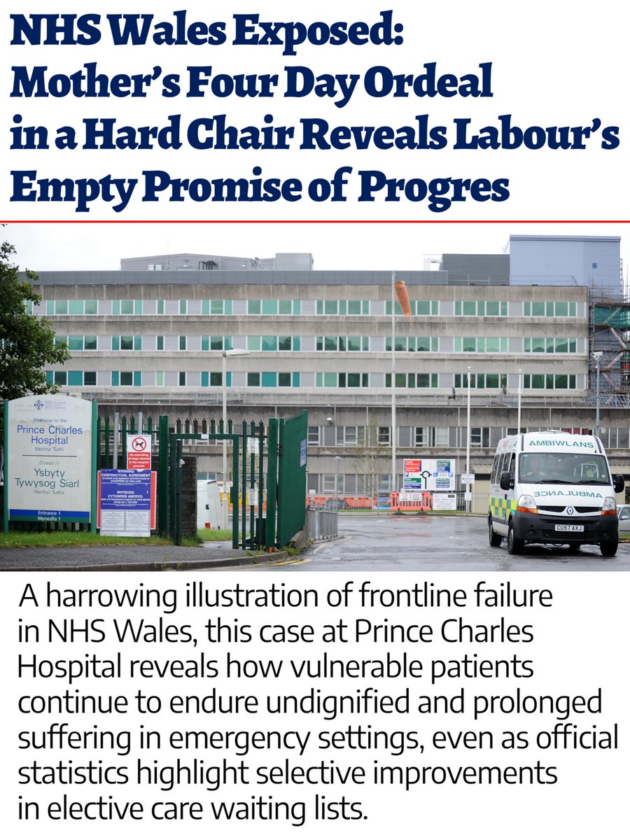 20NPHartleyHare's tweet photo. Shocking: Mum left in excruciating pain for FOUR DAYS in a rock-hard hospital chair at Prince Charles Hospital, no bed available post-lumbar puncture. This is NHS Wales today: bed shortages & suffering continue while Welsh Labour boasts progress. #NHSCrisis #PrinceCharlesHospital https://t.co/RneoXiqaFl