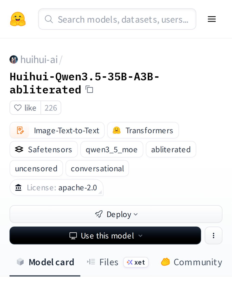 HuggingModels's tweet photo. Meet Huihui-Qwen3.5-35B-A3B-abliterated: a powerful uncensored conversational AI that understands both text AND images. This model is turning heads because it combines visual comprehension with unrestricted dialogue capabilities. Perfect for developers who want raw, unfiltered multimodal AI.