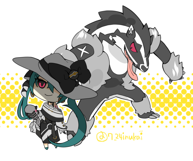 初音ミク 「【#犬飼さんの毎日ミニキャラ】 あくタイプミクちゃん&amp;タチフサグマです。」|犬飼＠4/1ありがとうございました！🌟NEOKET4【B50】のイラスト