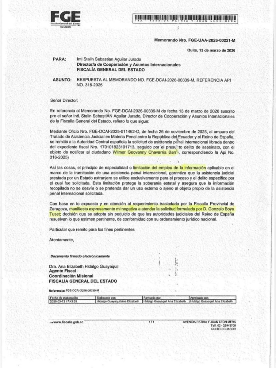 Si la asistencia penal internacional se activó para esclarecer un crimen, entonces todo lo que contribuya a esclarecerlo debe ser conocido.

La <a href="/FiscaliaEcuador/">Fiscalía Ecuador</a> no administra la verdad. La busca. Y no, no está para decidir qué verdad circula y cuál se esconde.

Sean decentes.