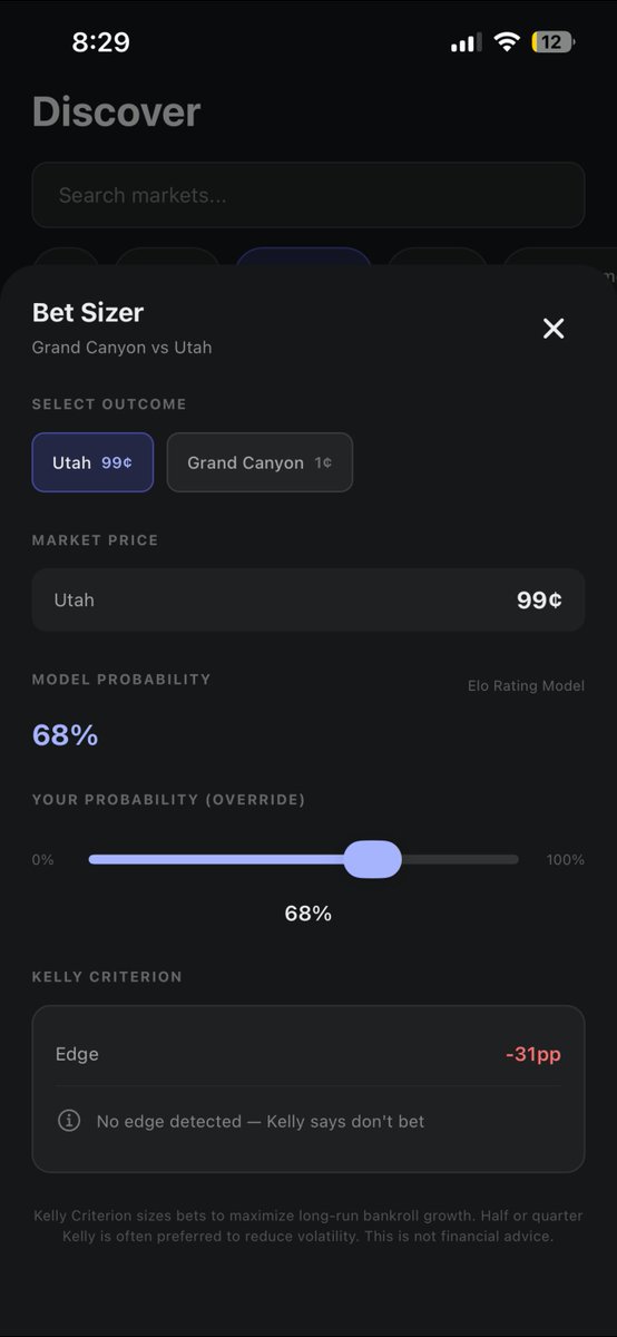 UseAgentBaseDev's tweet photo. 📷 New feature dropping tomorrow: Kelly Criterion Bet Sizer You'll be able to size your positions directly from market cards. Here's how it works:

For March Madness markets → our Elo model auto-fills the win probability

For everything else → plug in your own probability estimate
Instantly see your edge, Kelly optimal, half Kelly, and quarter Kelly sizing
No more guessing how much to allocate. Screenshots below 📷 How have you been sizing your bets so far? Or has it been completely vibes based 📷