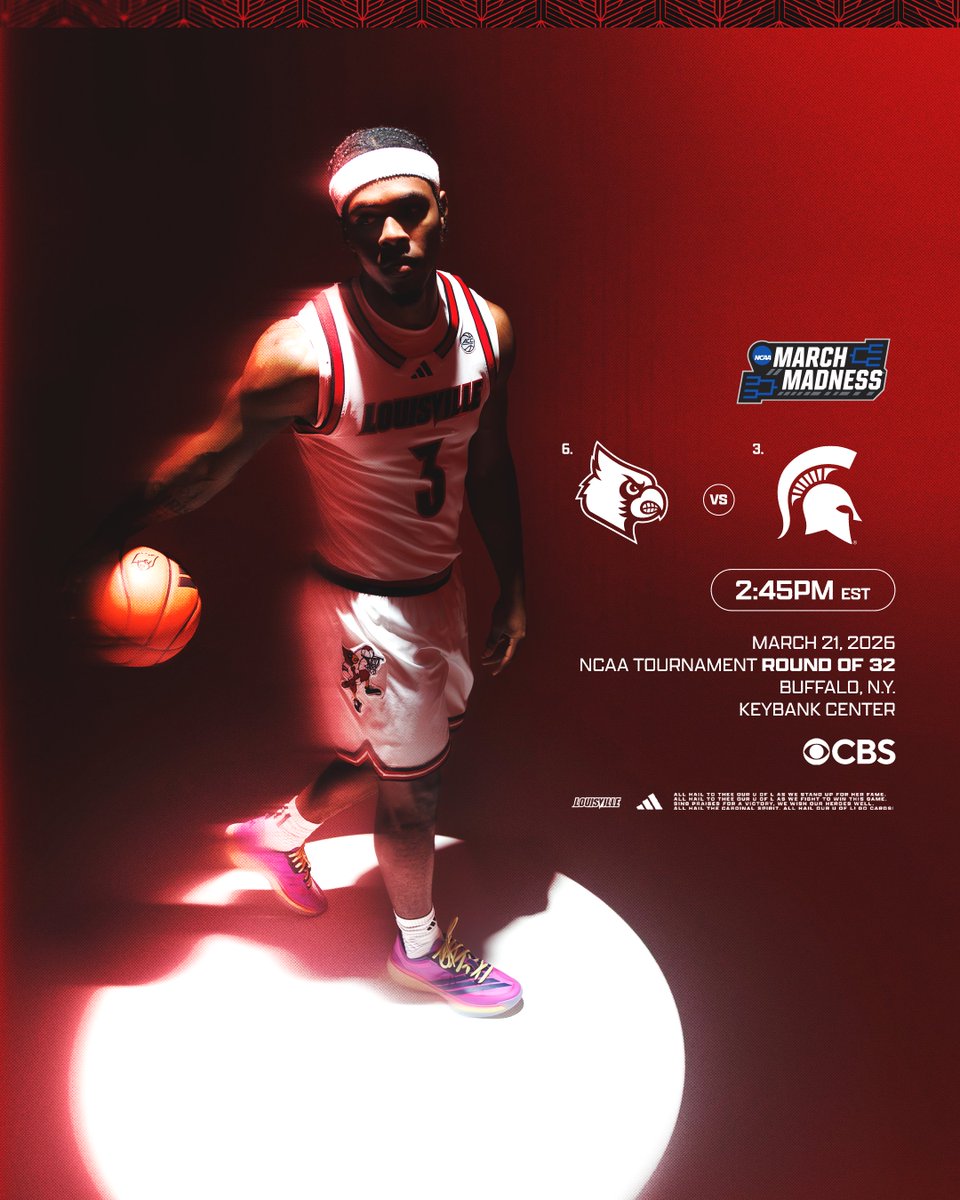 LouisvilleMBB's tweet image. Back for more

🏆 NCAA Tournament Round of 32
🆚 Michigan State
📍 KeyBank Center
🕝 2:45 p.m. ET 
📺 CBS
💻 uofl.me/MBB35Watch
📊 uofl.me/NCAAStats
📻 @939TheVille

#GoCards