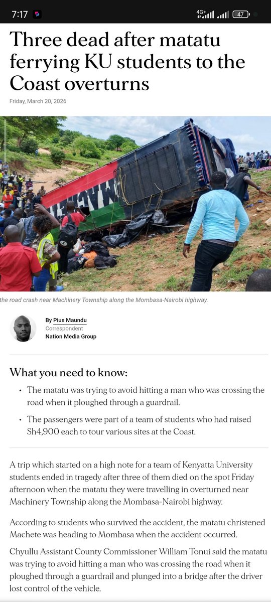 MuthokaTito's tweet photo. In 2024, 11 KU students perished after their bus collided with a truck in Maungu. Yesterday 3 more students perished in the Machinery Township accident. I don't trust these nganyas doing long distance!! Each student had contributed Sh4900 to tour various sites at the Coast. https://t.co/7JmR5LWXnz