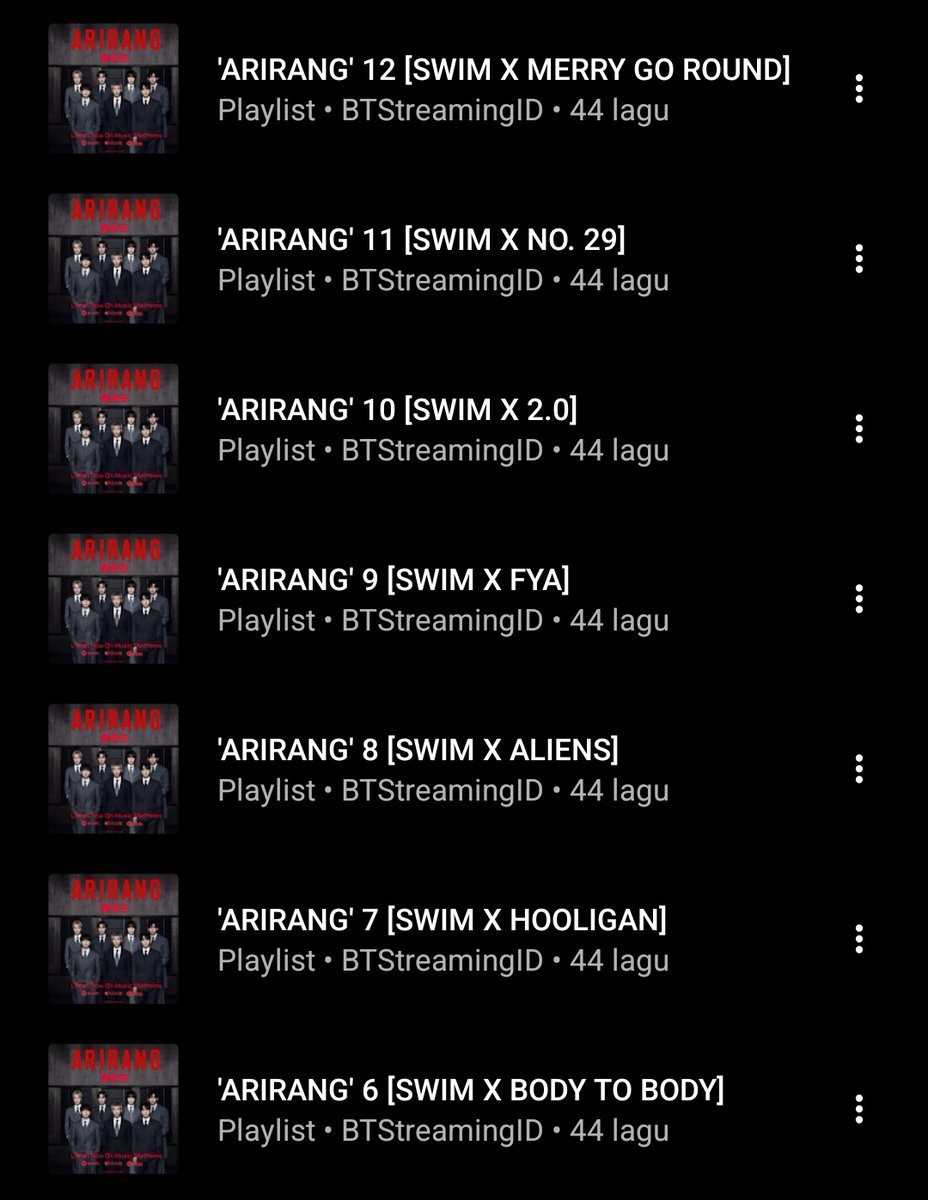 BTStreamingID's tweet photo. [YouTube Music Playlist —SHORT]

1. https://t.co/l8wpBEO827 
2. https://t.co/JnbAEu5QuL 
3. https://t.co/iblddV3La8 
4. https://t.co/FABe7muxCw 
5. https://t.co/aa6zQ0ynPY 
6. https://t.co/GJa7C7GlDs 
7. https://t.co/A8jD9aZy7b 
8. https://t.co/akuxFTimx1 
9. https://t.co/JFhs7k8Fz4 
10. https://t.co/D5KT0vDDqE 
11. https://t.co/yjn5BodBNu 
12. https://t.co/Ler01PmMj5 
13. https://t.co/OgGYbGsrYi 

#INDOMYPlaylistARIRANG
#BTS_ARIRANG #BTS_SWIM