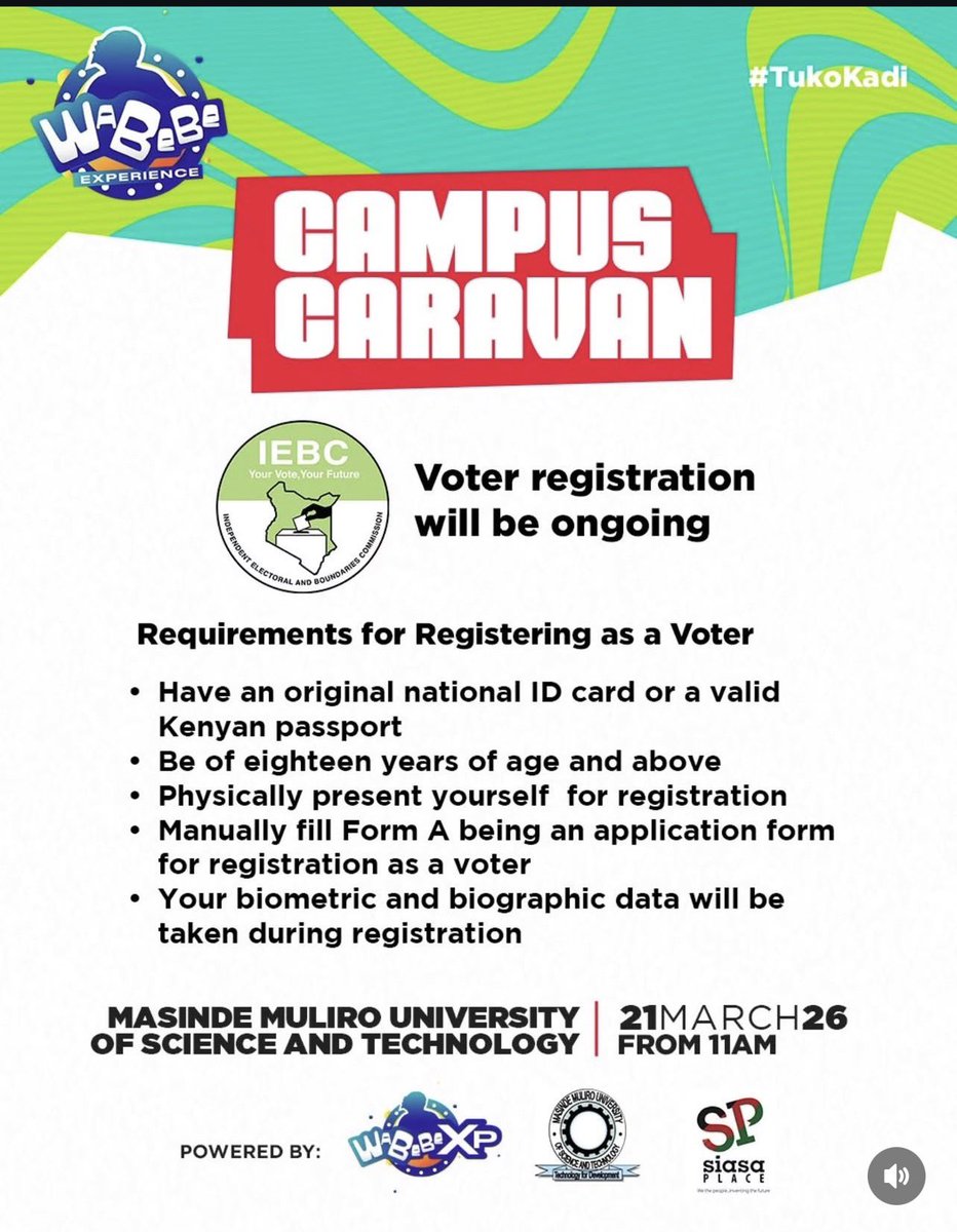WillisRaburu's tweet photo. Goodmorning from KAKAMEGA Leo sherehe na shughuli. Masinde Muliro come turn up and register ndio useme #NikoKadi juu sisi #TukoKadi https://t.co/AVnGjAvEiX