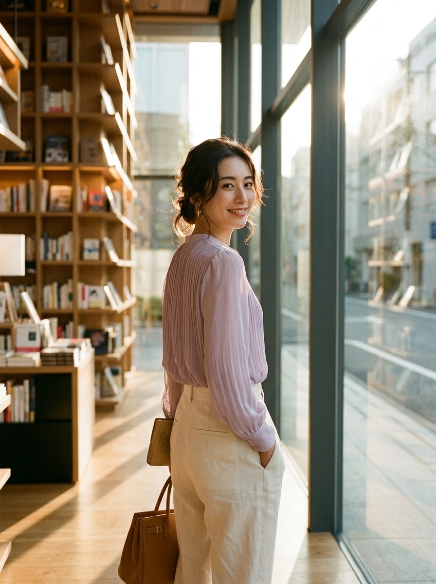 Yichen_Ning's tweet photo. Lost in the pages and the golden hour glow. ✨ There's nothing quite like the quiet elegance of a bookstore afternoon. Captured that perfect 'main character' vibe today. 📖🌿

沉浸在书卷与落日余晖中。✨ 躲进书店的午后，私藏一份静谧与优雅。今日份图书馆“氛围感”拿捏住了，仿佛电影里的女主角。📖🌿 又是被阳光治愈的一天。
 
#OOTD #GoldenHour #BookstoreAesthetic #CinematicPhotography #QuietLuxury