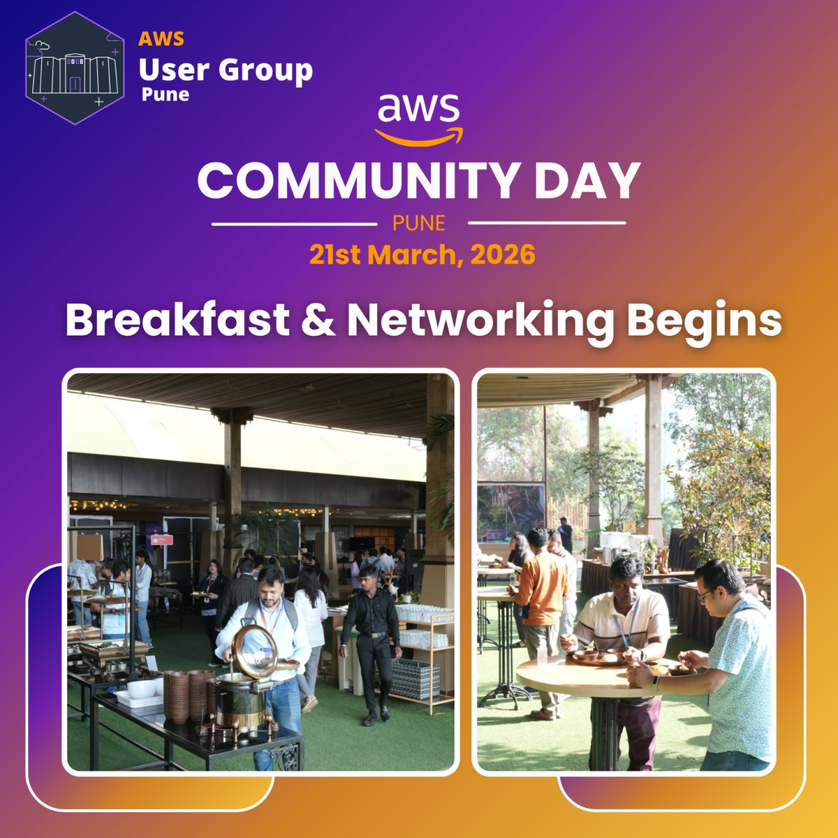 AwsPune's tweet image. Nothing beats starting a long day of tech talks with a solid breakfast and even better company. ☕️🍳 It’s great to see everyone fueling up and making connections before the sessions even begin. The energy in the room is already amazing!
#acdpune2026  #AWSCloud #BreakfastVibes