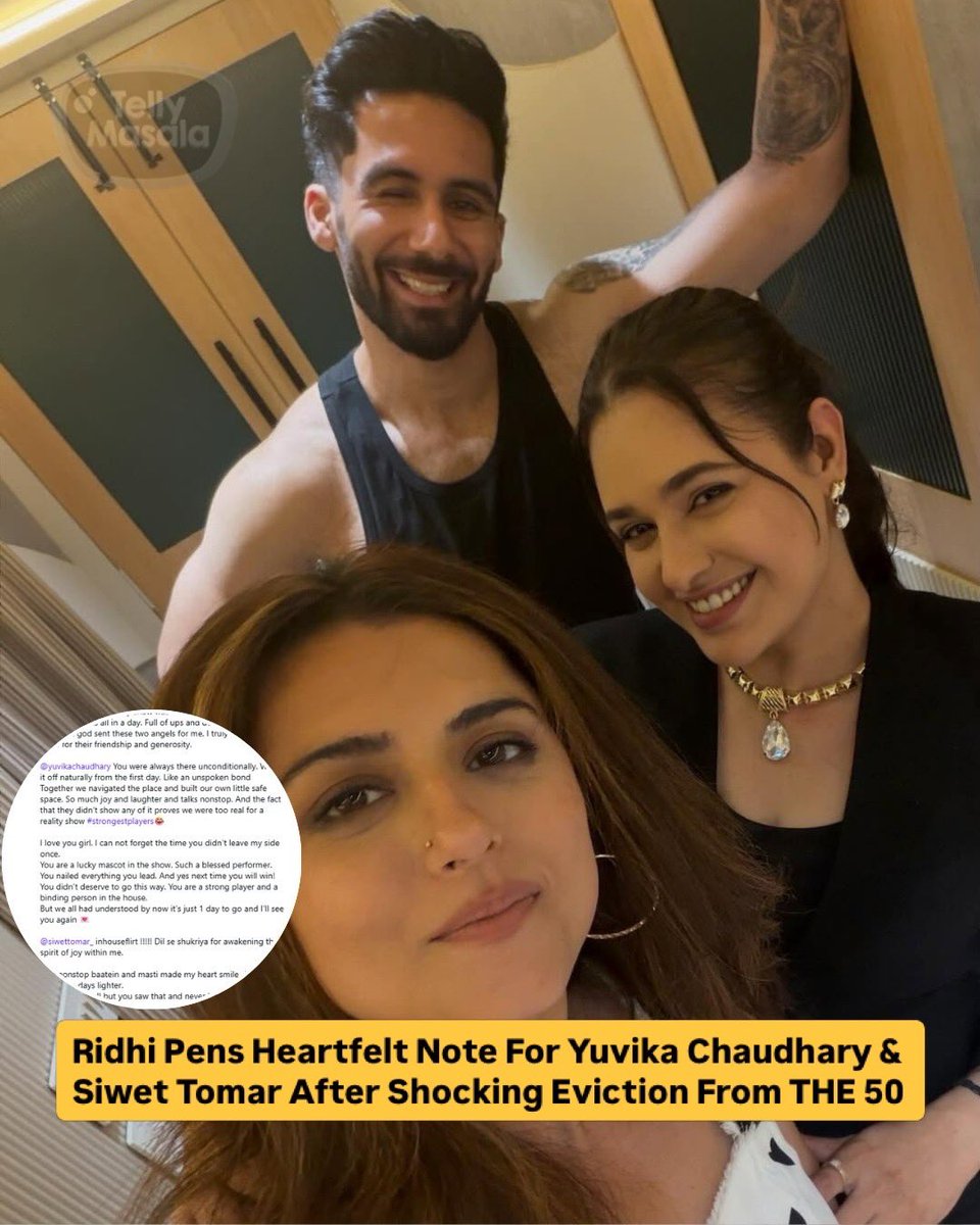 tellymasala's tweet photo. Ridhi Dogra expressed heartfelt gratitude and love for Yuvika and Siwet, praising their journey and strength on the show. Her emotional message has touched fans following their unexpected exit. 

#RidhiDogra #YuvikaChaudhary #SiwetTomar #The50 #tellymasala https://t.co/sy1xOn8psF