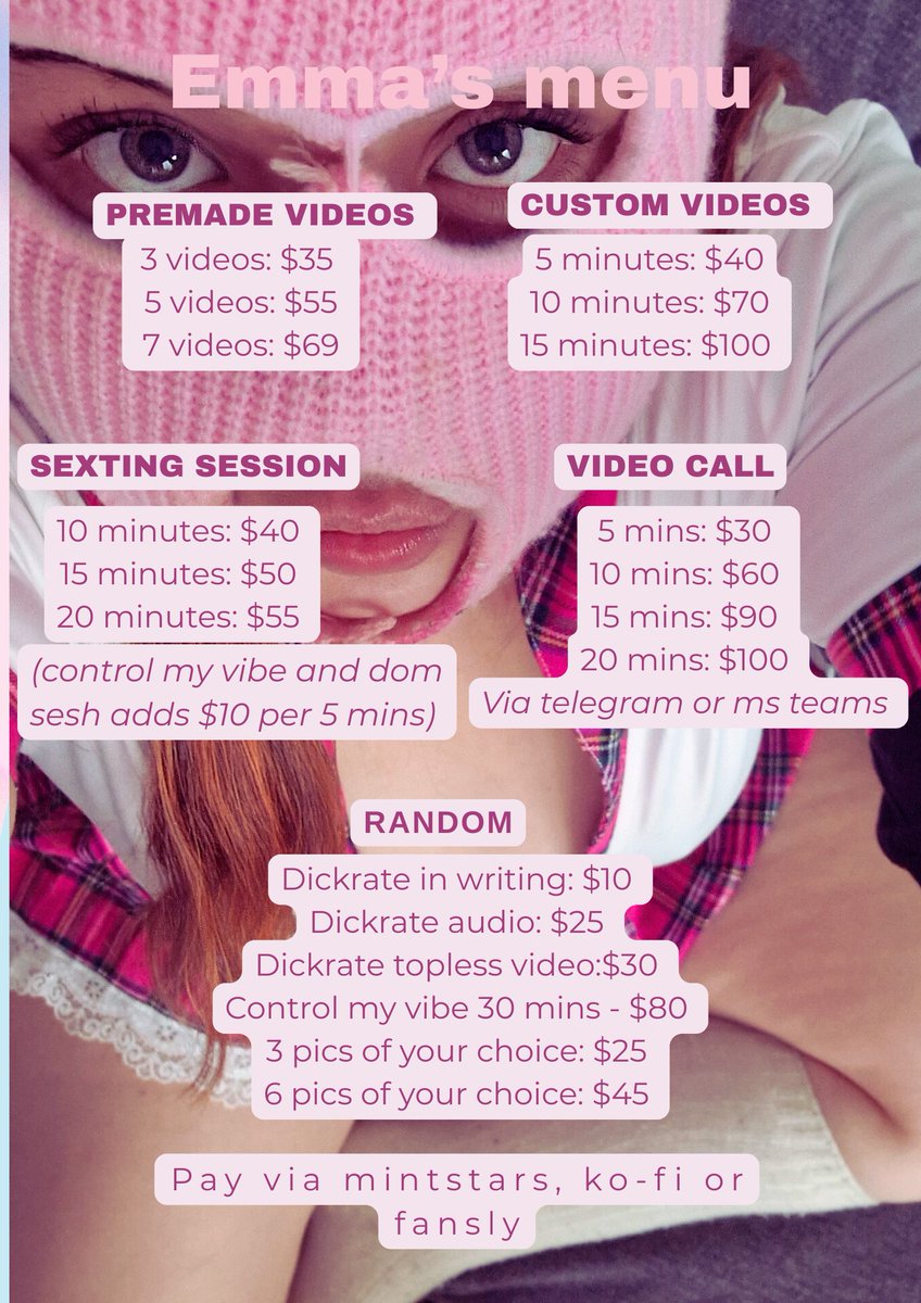 emma_thegemma's tweet photo. ✨ABOUT ME ~ rt and like to become moots (only 18+ accounts)✨

I'm Emma, but you can also call me goddess. I'm a nsfw content creator and seller. I'm not new here but I took a break and now I'm back.

✨Age: 26 (My page is 18+)
✨Pronouns: She/Her 
✨Bi-/Pansexual; Polyamorous; Partnered and not looking 
✨Cigarette baby
✨Soft and Hard kinks (role play, age play, intox etc)
✨Switch and Brat
✨Dm Fee for non-moots  - $7
✨Priv acc - $40 for lifetime access

🫦Fansly, Mintstars and other sites are linked in the linktree in my bio
🫦I also offer: Customs, Premades, Online sessions & more - Menu pic below (if u need it in text format pls DM me).

XoXo,
E💋