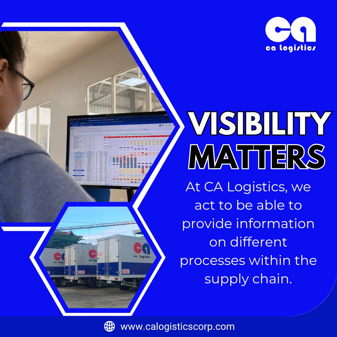 calogisticscorp's tweet image. VISIBILITY MATTERS
At CA Logistics, we act to be able to provide information on different processes within the supply chain.
#wedeliverthepromise
#makeiteasy
#calogistics
#logistics