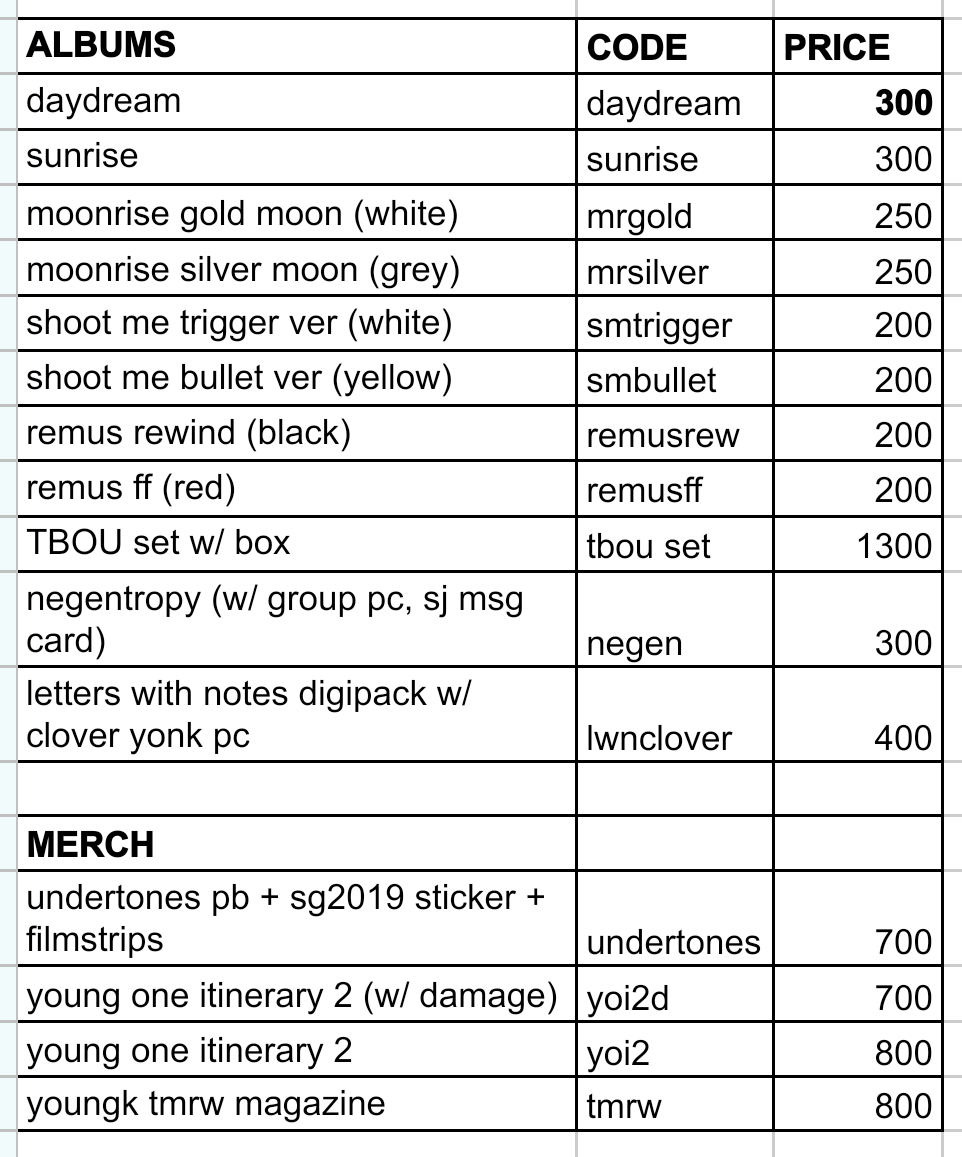 violetsndaisies's tweet photo. this is the price list for the albums and merch i'll be selling. last price na for all and prio payo

- only TBOU set will be free lsf
- shipping via jnt &amp; maybe after holy week na
- lapag will either be monday or tuesday evening (tba)
- individual posts (mine + code + payo/dop) https://t.co/qtDOcGIHrj