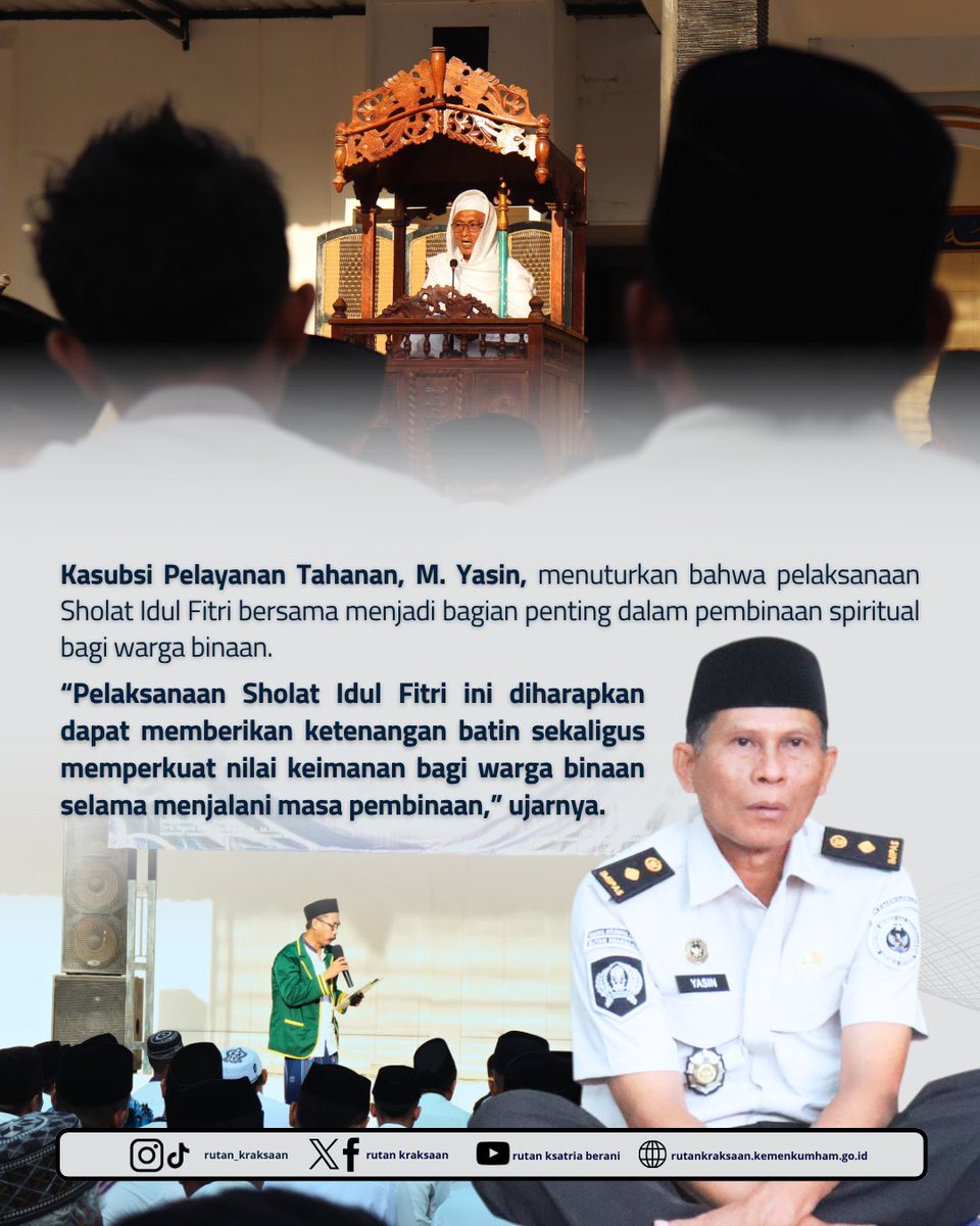 rutan_kstria's tweet image. Hallo #SedulurKsatria, 

Gelar Sholat Idul Fitri 1447 H, Sambut Hari Kemenangan di Rutan Kraksaan

(Humas Rutan Kraksaan)

Setahun Bekerja, Bergerak - Berdampak

#Kemenimipas #SetahunBerdampak #ImipasSetahunBergerakBerdampak #ImipasPrima #Ditjenpas #Pemasyarakatan