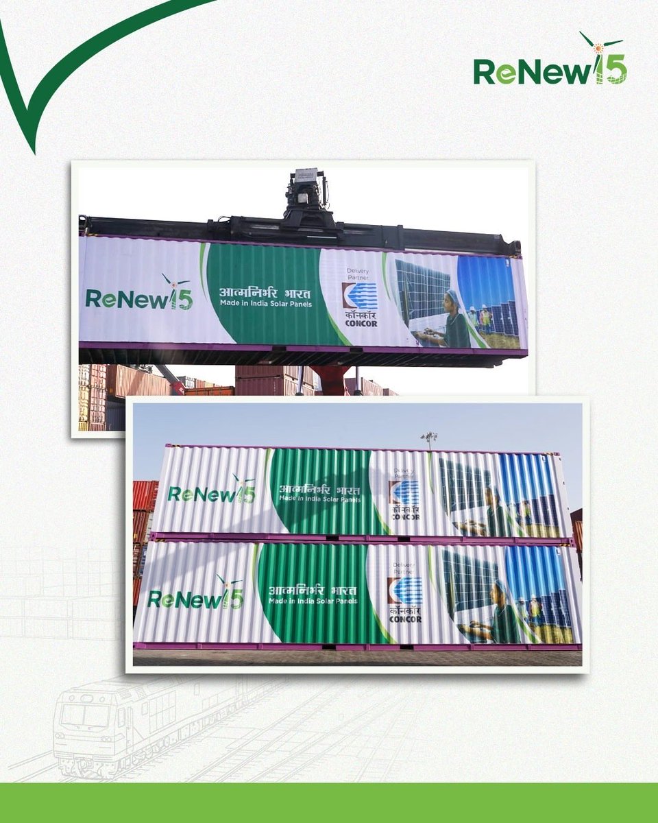 ReNewCorp's tweet photo. ReNew is powering low-carbon logistics—India’s first electric goods train has delivered 60 MW of Made-in-India solar panels to Andhra Pradesh, with another 40 MW on the way. A 100 MW milestone, cutting diesel use and reimagining clean energy transport.

#ReNewTheFuture https://t.co/EWo8ok8mwW