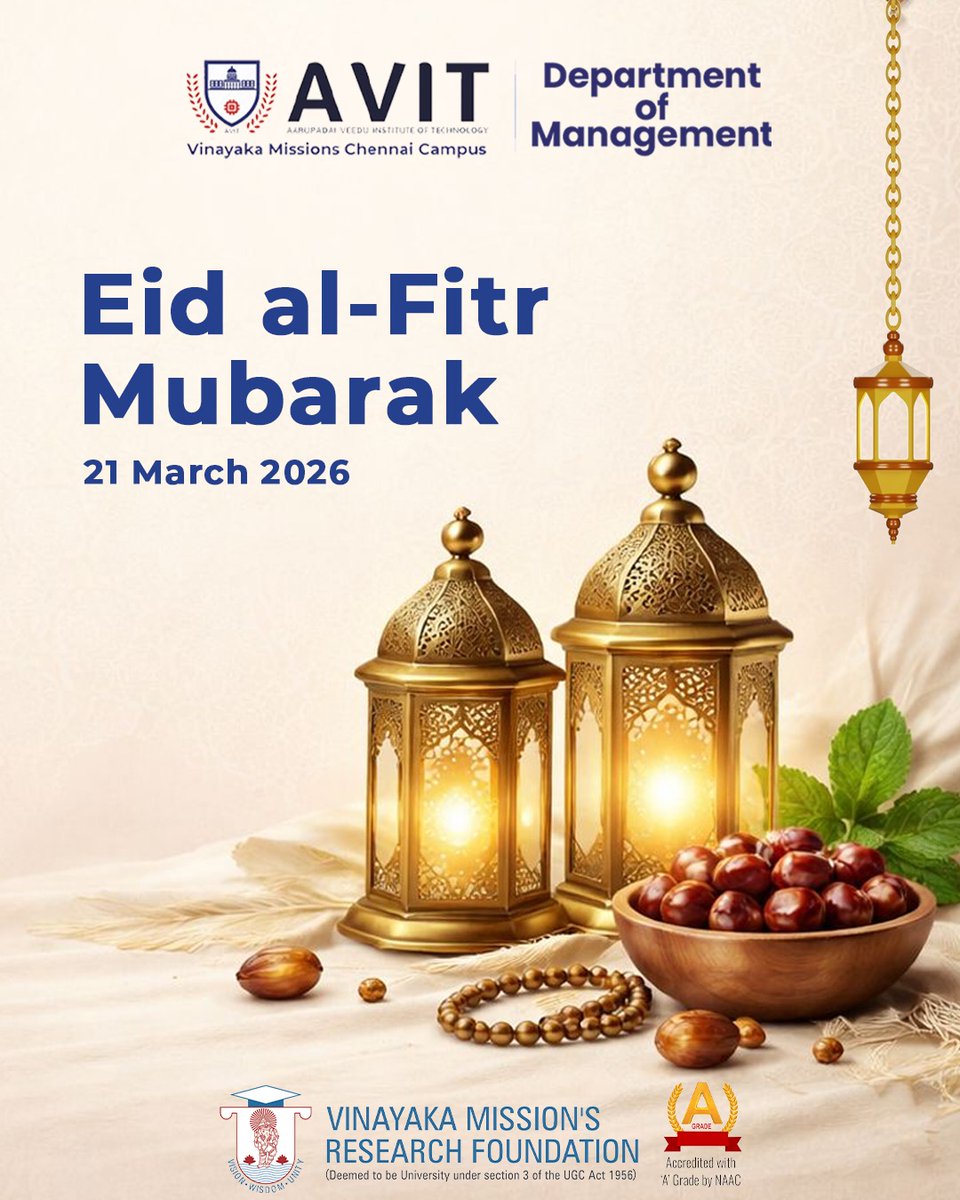 DoMAVCampus's tweet image. AVIT Department of Management wishes you all good health, joy, and prosperity on this blessed occasion of Eid.

#EidMubarak #AVIT #VMRF #Eid2026 #CampusLife #StayBlessed