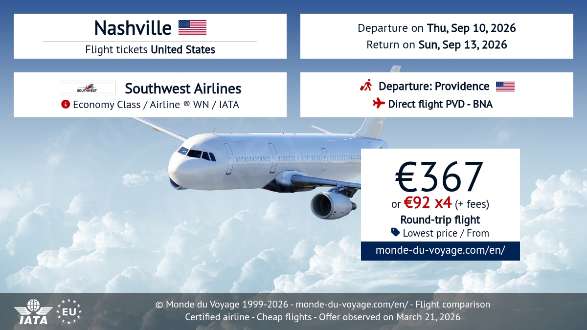 Monde_du_Voyage's tweet image. Cheap round-trip ✈️ Providence → Nashville nonstop on Southwest Airlines from just 367€ 😍 Promo fare, low-cost deal, small price &amp;amp; big savings + payment in 3X or 4X available 💳 #flightdeal #cheapflights #Southwest #Providence #Nashville #travel2026 monde-du-voyage.com/en/united-stat…