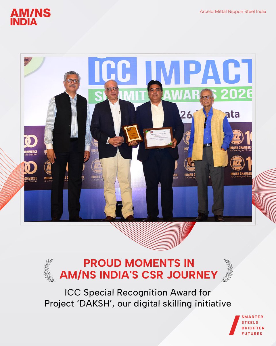 AMNSIndia's tweet photo. Our commitment to social impact earned AM/NS India multiple accolades in Q1 2026, including the Golden Peacock Award for CSR 2025 &amp; the Times Foundation Award for CSR. We also received the ICC Special Recognition at the 8th ICC Social Impact Awards 2025 for Project ‘DAKSH’. https://t.co/bWWOgjYDTW