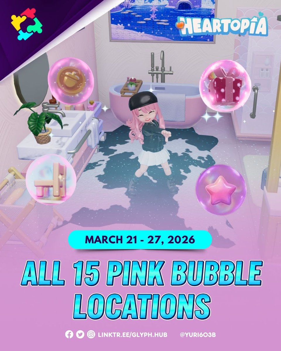 Glyph_Hub's tweet photo. [Heartopia]

All 15 Pink Bubble Locations for all servers (March 21-27, 2026)

#Heartopia #HeartopiaTips #HeartopiaGuide #PinkBubbles https://t.co/rREuI3RcEl