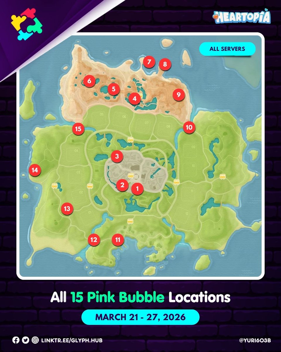 Glyph_Hub's tweet photo. [Heartopia]

All 15 Pink Bubble Locations for all servers (March 21-27, 2026)

#Heartopia #HeartopiaTips #HeartopiaGuide #PinkBubbles https://t.co/rREuI3RcEl