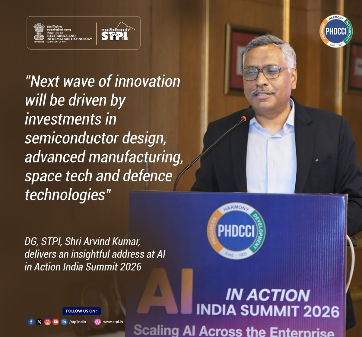 stpiindia's tweet photo. Shri Arvind Kumar (@arvindtw ), DG, STPI, as s Guest of Honour at the AI in Action India Summit 2026, shared key insights on India’s AI journey, evolving startup landscape, and the roadmap for inclusive, innovation-led growth.

Key Takeaways from the Address:

🔹 The Government is enabling innovation at scale through AI labs, structured AI courses, and access to 7000+ curated datasets, ensuring innovators and startups have the right foundation to build impactful, data-driven solutions.
🔹 India’s hosting of the Global AI Impact Summit marks a significant shift from “AI Action” to “AI Impact”, positioning the country at the forefront of translating policy vision into real-world outcomes.
🔹 Government departments are increasingly moving beyond discussions to actively seeking AI-based solutions for real-world challenges.
🔹 With a powerful combination of skilled talent, vast population-scale data, and robust Digital Public Infrastructure (DPI), India is uniquely positioned to lead the global AI revolution and build scalable solutions for the world.
🔹 The next wave of innovation will be driven by investments in semiconductor design, advanced manufacturing, space tech, and defence technologies, reducing import dependency and strengthening national capabilities.
🔹 Industry leaders are encouraged to actively engage with startups by providing problem statements, mentorship, and collaborative platforms like hackathons, enabling co-creation of innovative solutions.
🔹 With a widespread presence of 70 centres (majority in Tier-II & Tier-III cities) and 24 domain-specific CoEs, STPI is nurturing over 1,700 tech startups, providing end-to-end support including funding, mentoring, and global market access.

#STPI #AIIndia #DigitalIndia #StartupIndia #DeepTech #InnovationEcosystem #AIForAll #FutureOfWork #GovTech #TechForGood #InclusiveInnovation #IndiaTech #AIImpact #EmergingTech #Semiconductor #SkillingIndia #AtmanirbharBharat #NextGenInnovation 

@GoI_MeitY @AshwiniVaishnaw @JitinPrasada
@SecretaryMEITY @_DigitalIndia @NeGD_GoI @phdchamber