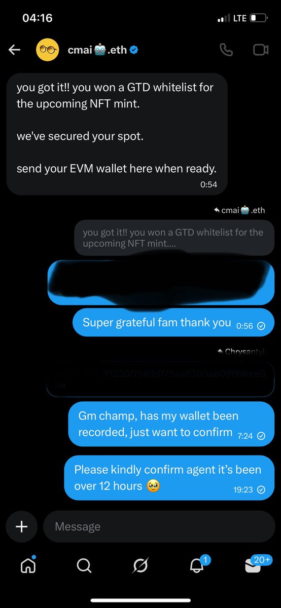 Hoping you get to your DMs <a href="/jgonzalezferrer/">Javi🥥.eth</a> cos I was granted a gtd mint but my wallet is ineligible. Already dmed you