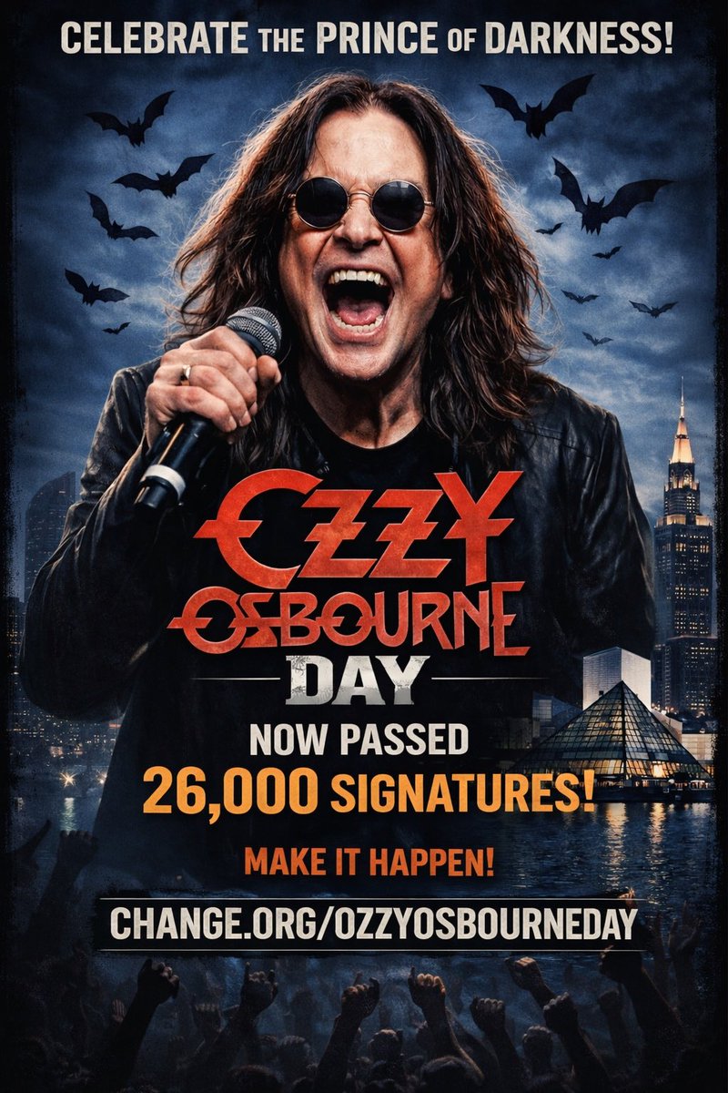 🚨Over 200 new signatures in just ONE day for Ozzy Osbourne Day — now officially past 26,000 supporters and climbing! 🔥

Let’s make this happen. Sign and share the petition:
change.org/ozzyosbourneday

Should July 22 be officially recognized as Ozzy Osbourne Day?

#OzzyOsbourne