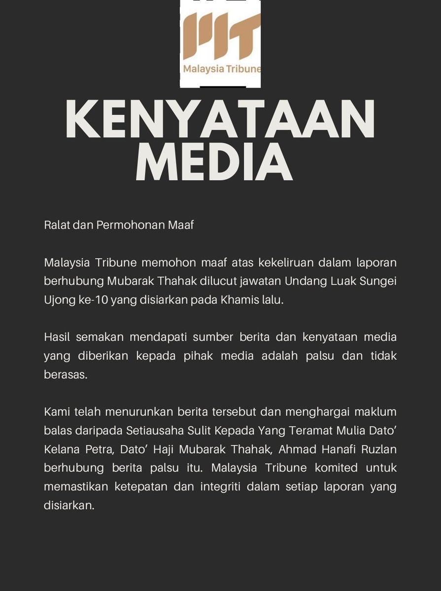 Msia_Tribune's tweet image. Ralat dan Permohonan Maaf

Malaysia Tribune memohon maaf atas kekeliruan dalam laporan berhubung  Mubarak Thahak dilucut jawatan Undang Luak Sungei Ujong ke-10 yang disiarkan pada Khamis lalu.

#malaysiatribune #permohonanmaaf #ralat #beritasemasa #trendingnewsmalaysia