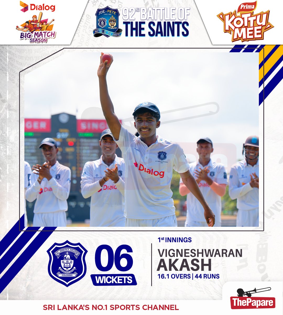 ThePapareSports's tweet image. Vigneshwaran Akash leads the charge with a standout bowling performance for St. Joseph’s College in the 92nd Battle of the Saints. 

Coverage Powered by Prima Kottumee

LIVE NOW 👉 live.thepapare.com/event/st-josep…

#BattleOfTheSaints #BigMatchSeason