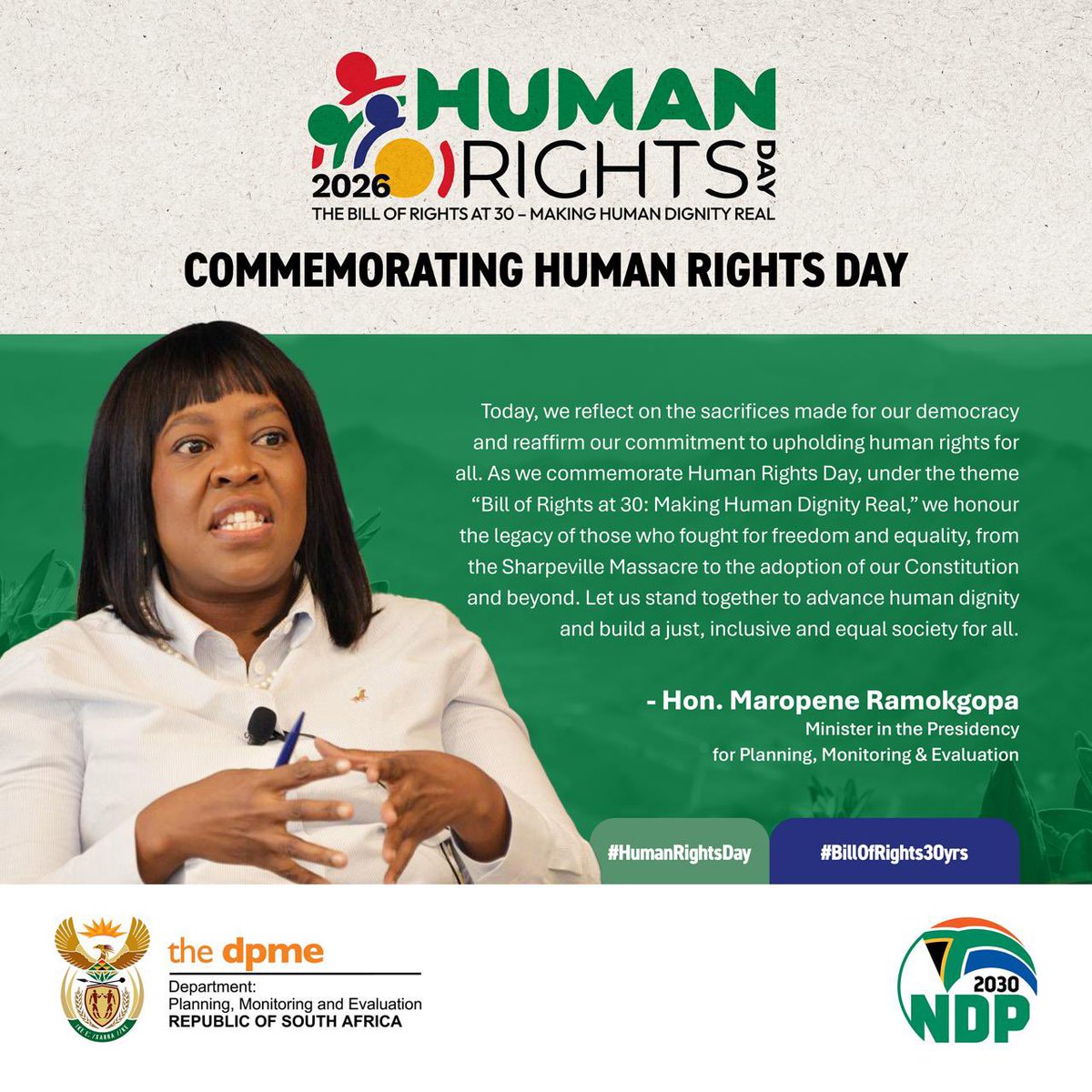 DpmeOfficial's tweet image. Minister @MaropeneRamo commemorates #HumanRightsDay 🇿🇦

“Today we honour those who fought for freedom &amp;amp; recommit to upholding human rights for all. As we mark #BillOfRights30yrs, let’s advance dignity and build an inclusive, equal society.”