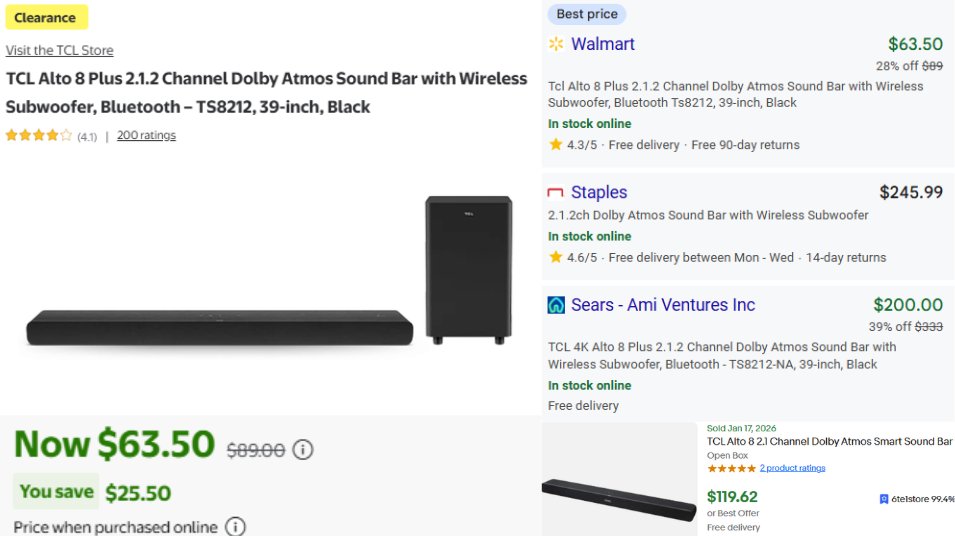 TCL Alto 8 Plus Sound Bar with Wireless Subwoofer, Bluetooth @ Walmart

$63.50!

Walmart just dropped the price on this Bluetooth sound system from $280

Free 30-day returns and FREE shipping included

mavely.app.link/CyaD4z2gG1b

#deals #ad #audio