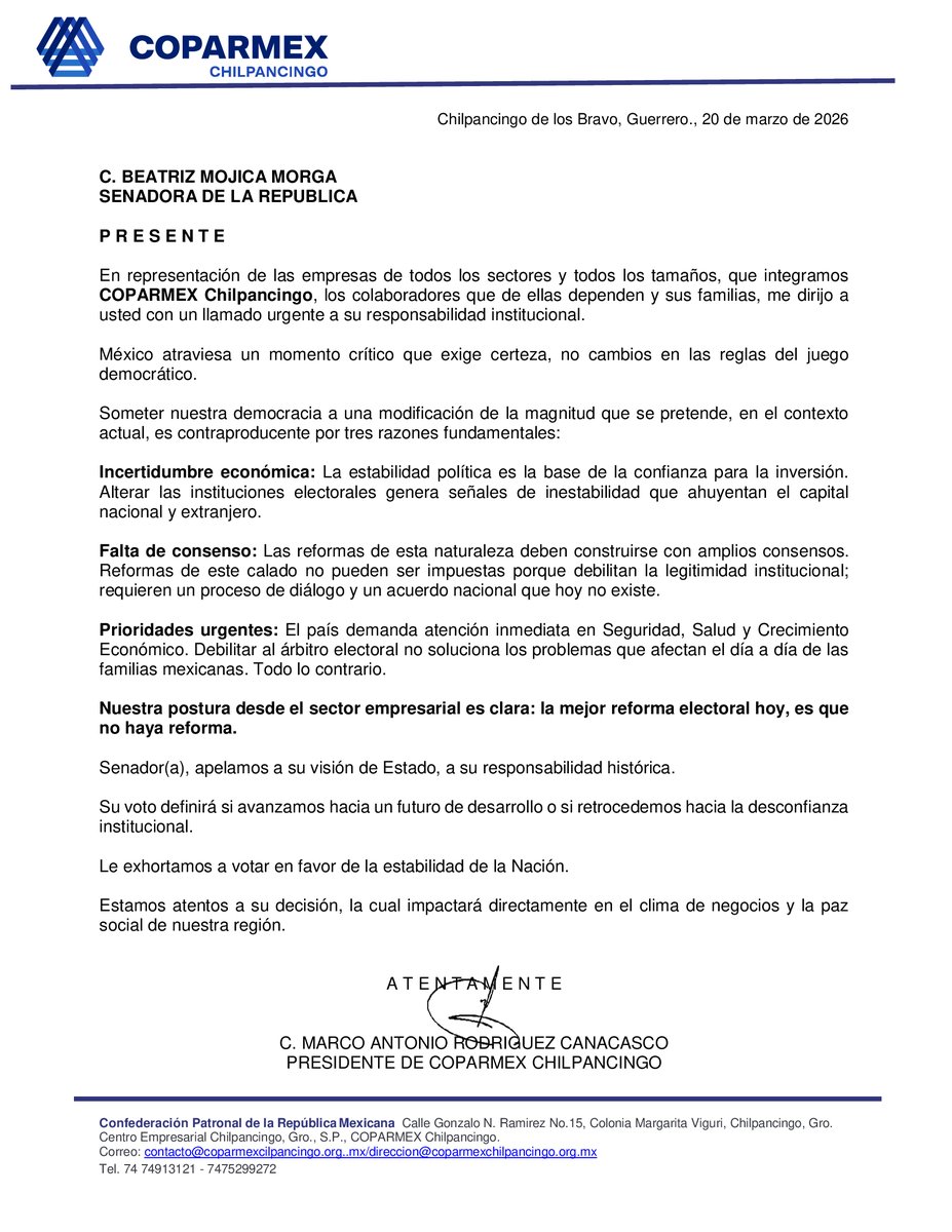 🔵Senadora <a href="/Beatriz_Mojica/">Beatriz Mojica Morga</a> 

La mejor #ReformaElectoral es que no haya reforma electoral.

Empresas, colaboradores y miles de familias necesitan seguridad, certeza jurídica para la inversión y enfoque en las verdaderas prioridades del país.

#PlanB <a href="/Coparmex/">Coparmex Nacional</a> <a href="/jsierraalvarez/">Juan José Sierra</a>