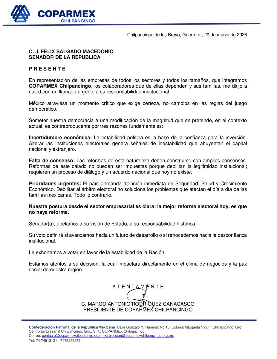 🔵Senador <a href="/FelixSalMac/">Félix Salgado Macedonio</a>
La mejor #ReformaElectoral es que no haya reforma electoral.

Empresas, colaboradores y miles de familias necesitan seguridad, certeza jurídica para la inversión y enfoque en las verdaderas prioridades del país.

#PlanB <a href="/Coparmex/">Coparmex Nacional</a> <a href="/jsierraalvarez/">Juan José Sierra</a>