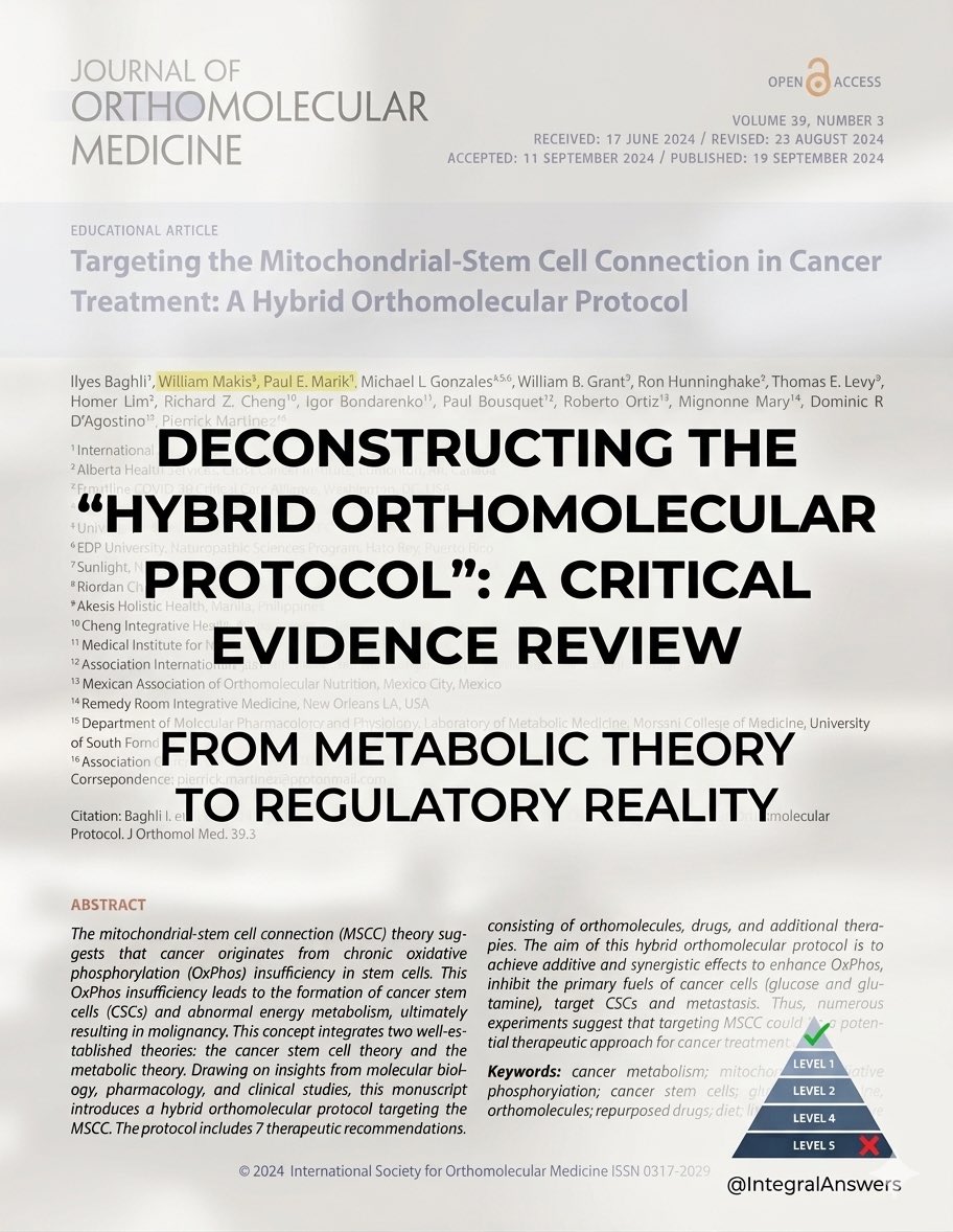 IntegralAnswers's tweet photo. 1/ A new paper in the Journal of Orthomolecular Medicine claims a "Hybrid Protocol" can target cancer stem cells using repurposed drugs like Ivermectin. Sounds revolutionary? Let’s apply some critical thinking and the Hierarchy of Evidence. 🧵 #ScienceIntegrity #CancerResearch https://t.co/0IiCEfTA9u