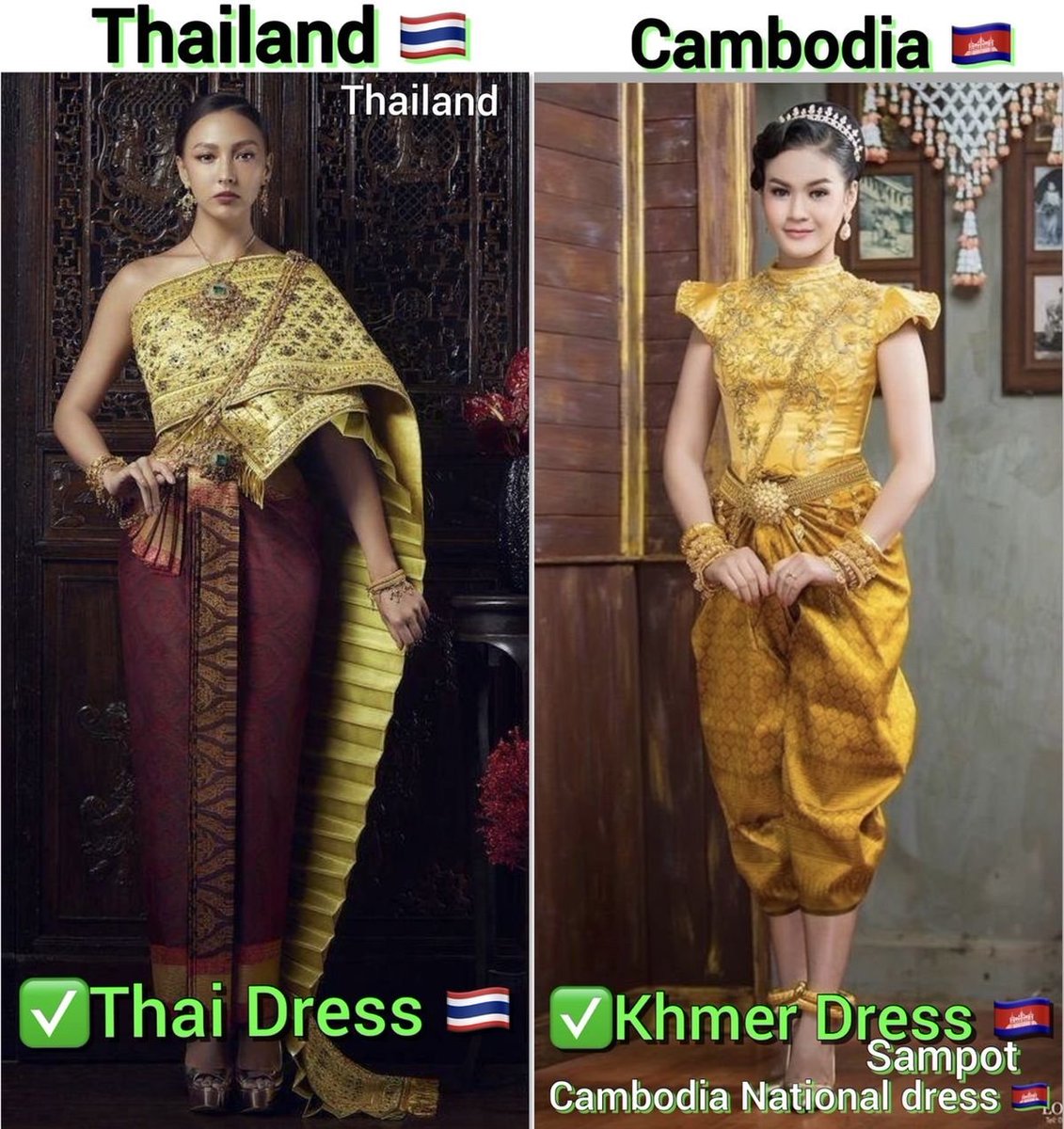 #Thaidress vs  #khmerdress or #Cambodiandress  
Nowadays you will see a lot of Cambodians keep posting themselves in Chud Thai &amp; claim it as Khmer dress to mislead social media or even wear to international events Please recheck information before believing anything from Cambodia