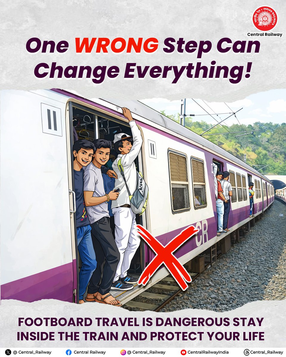 Central_Railway's tweet image. A safe journey begins with responsible choices. 🚆  
Do not stand on the footboard one small risk can lead to a serious accident. ⚠️  
Stay inside the coach while travelling.  
Let’s make every journey safer for ourselves and fellow passengers. ✨

#CentralRailway #RailwaySafety