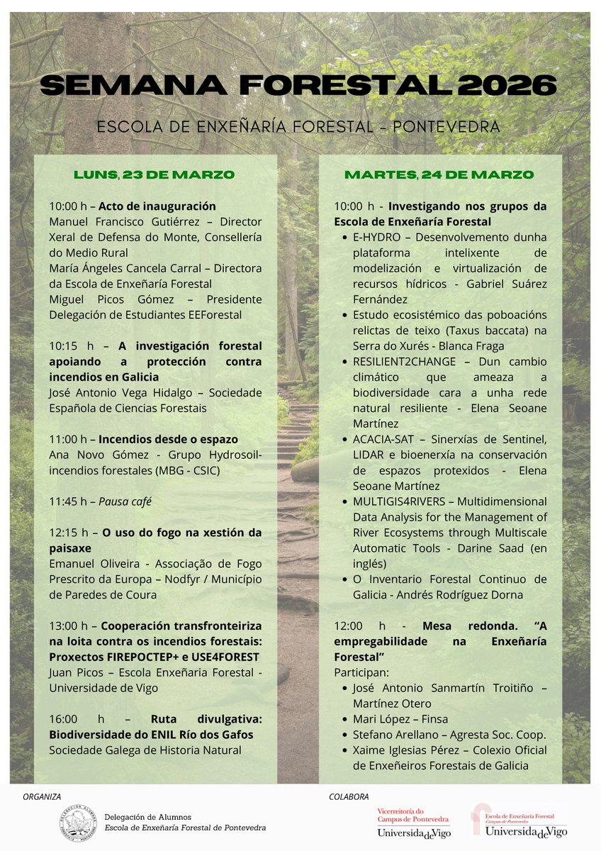 IngForestalPO's tweet photo. E lembrade que a partires do luns 23 celebramos na Escola de #Enxeñaría #Forestal do Campus de #Pontevedra a #SEMANAFORESTAL 🌳🌲que remata o xoves 26 coa celebración da tradicional  #Festa de #SANLEANDRO 🕺💃
#ForestDay #diainternacionaldelosbosques #DiaForestal @Uvigo https://t.co/AKxms9NCfr