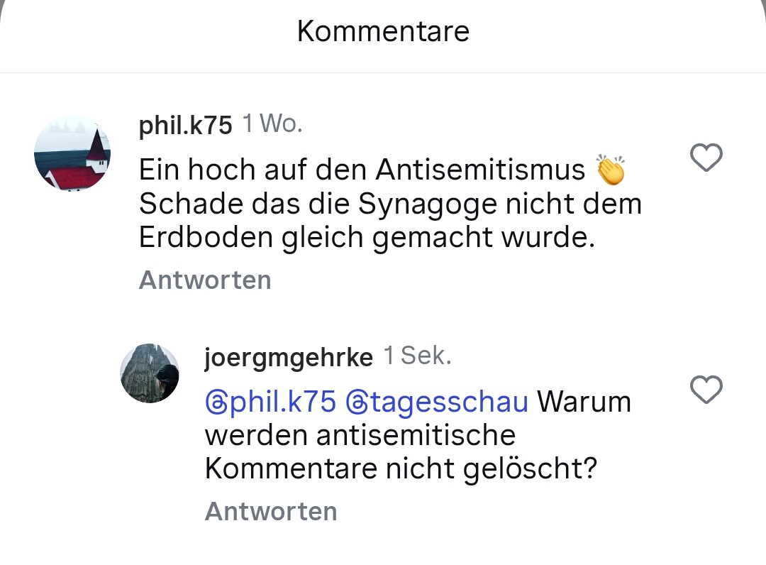 JoergMGehrke's tweet photo. Unter dem Insta-Beitrag @tagesschau zur Explosion vor der Synagoge in Lüttich steht seit 1 Woche dieser Kommentar, der die antisemitische Gewalt feiert. Die Social-Media-Redaktion der Tagesschau moderiert ganz offensichtlich nicht und bietet so widerlichstem #Antisemitismus Raum. https://t.co/VvkwzPO0iF