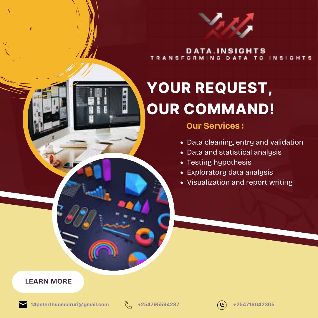 slave_100's tweet photo. Transform Your Data Into Power! 🚀
Need professional data analysis? DATA.INSIGHTS offers:
✨ Data Cleaning &amp; Entry
✨ Statistical &amp; Exploratory Analysis
✨ Hypothesis Testing
✨ Visualizations &amp; Reports
Your Request, Our Command!
#DataAnalytics #KenyaSMEs #BigData https://t.co/jM2PzmrX13