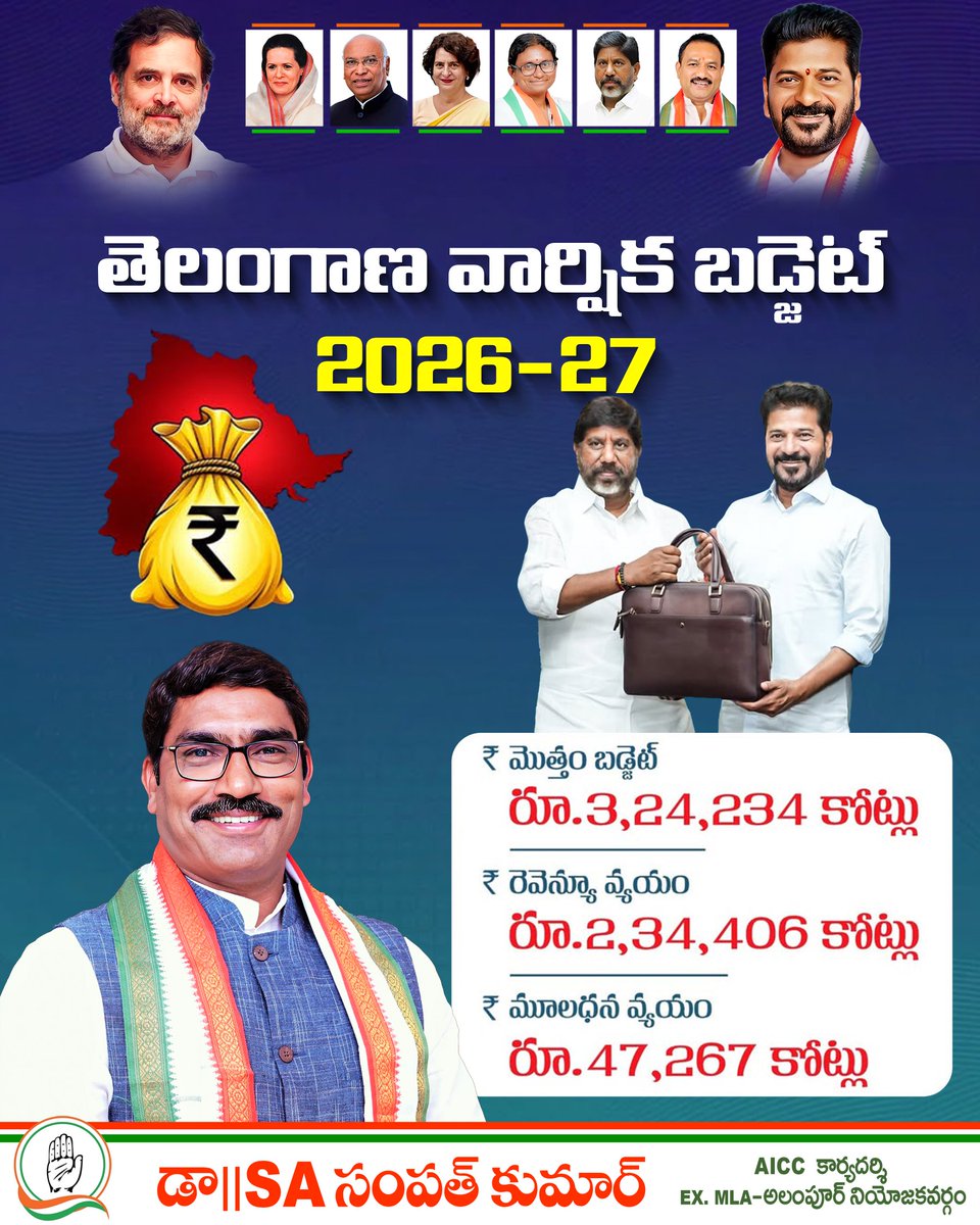 SampathKumarINC's tweet image. బడ్జెట్ 2026-2027 కేటాయింపులు

 #telanganabudget  
#budgetforpeople  
#assemblybudget  
#telanganaeconomy  
#prajaprabhutvam